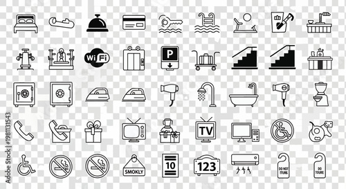 Collection of Hotel Service Icons Featuring Amenities, Room Features, and Guest Information Symbols