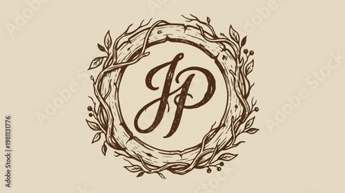 Elegant Initial Design - JP Monogram Surrounded by Floral Wreath.