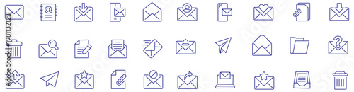 Email Web Icon Set in Line Style. Collection of E-mail and Letter Linear Icons, Including mail, envelope, email, postal, letter sent, inbox, new mail, reply and forward mail and more. Editable Stroke