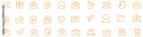 Email Web Icon Set in Line Style. Collection of E-mail and Letter Linear Icons, Including mail, envelope, email, postal, letter sent, inbox, new mail, reply and forward mail and more. Editable Stroke