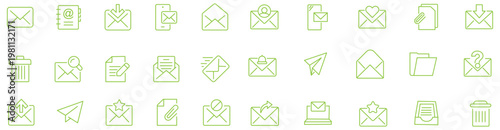 Email icon set. Minimal vector line icons pack. Incldes symbols for reply, inbx, send mail, attachment, pam, draft, contact, encrytion and more. Editable stoke.