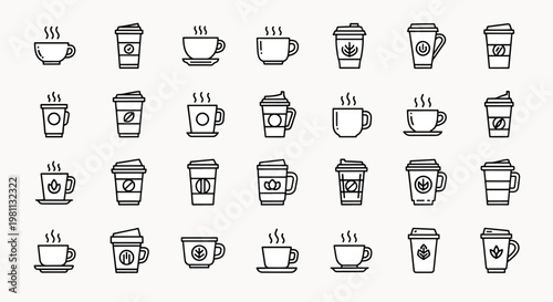 Collection of diverse coffee cup icons with steaming hot beverage and latte art, for cafe and beverage service branding