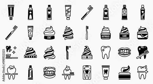 Collection of dental hygiene icons including toothpastes, toothbrushes, dental care products, and healthy teeth illustrations