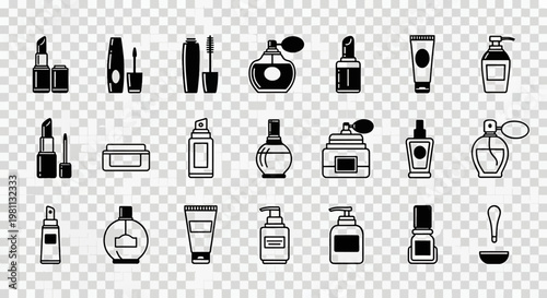 Collection of cosmetic product icons including lipstick, mascara, perfume bottles, creams, and dispensers for beauty and makeup applications
