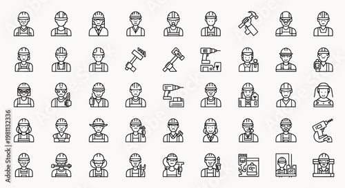 Collection of construction worker icons, featuring diverse individuals with tools and safety helmets for industry and labor representation