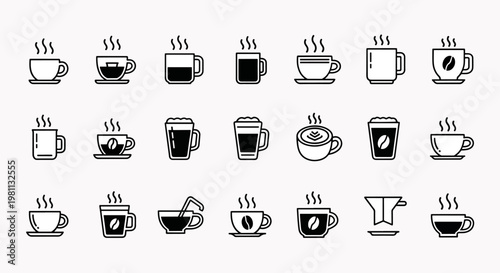 Collection of Coffee Cup Icons Hot Beverage Steam Steam Mugs Espresso Cappuccino Tea Vector Set
