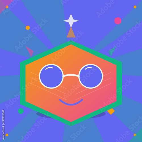 Friendly hexagonal character with round glasses on a vibrant blue starburst background with colorful abstract shapes