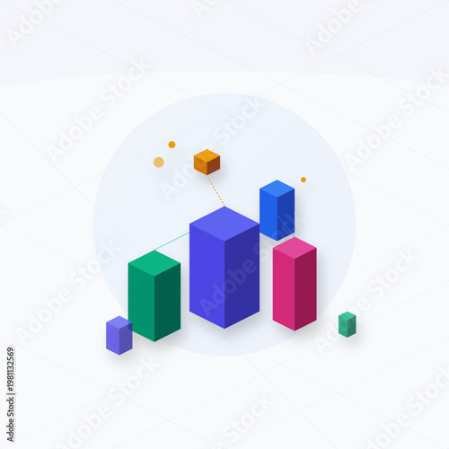 Abstract isometric colorful blocks representing data visualization and business growth on a light blue background