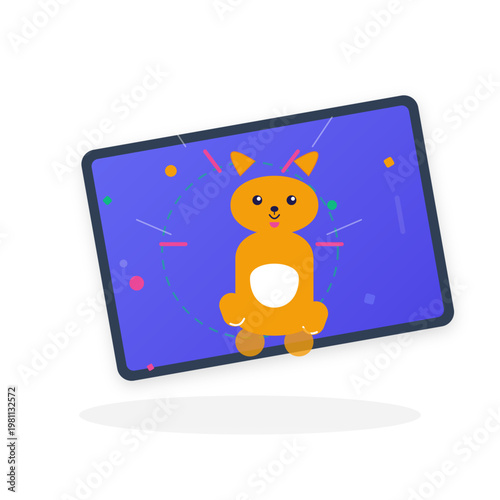 Cute orange cartoon animal mascot popping out of a digital screen with vibrant colorful geometric shapes