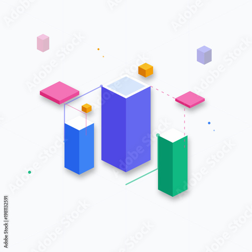 Abstract isometric 3D illustration representing cloud computing architecture, digital networking technology, and big data visualization