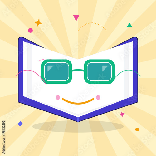 Vibrant Flat Design Illustration of a Smiling Book with Sunglasses Celebrating the Joy of Reading