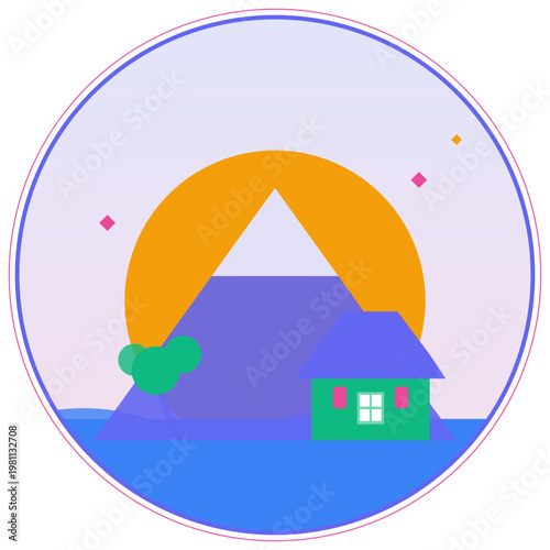 Minimalist vector illustration of a mountain peak cabin under a vibrant orange sun in circle.