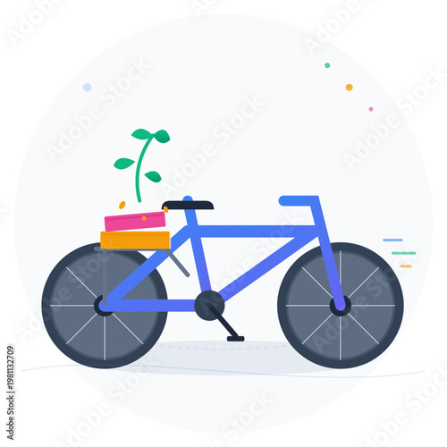 Flat vector illustration of blue bicycle carrying eco friendly packages with a growing green plant