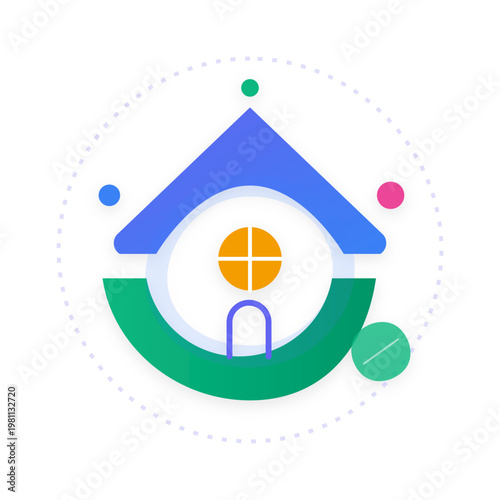 Vibrant minimalist house logo with geometric shapes representing community living and innovative architectural design concepts
