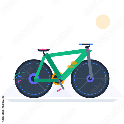 Minimalist flat vector illustration of a modern green mountain bike under a bright yellow sun