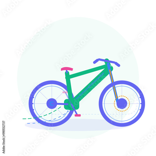 Vibrant flat vector illustration of a green mountain bike isolated on a clean white circular background
