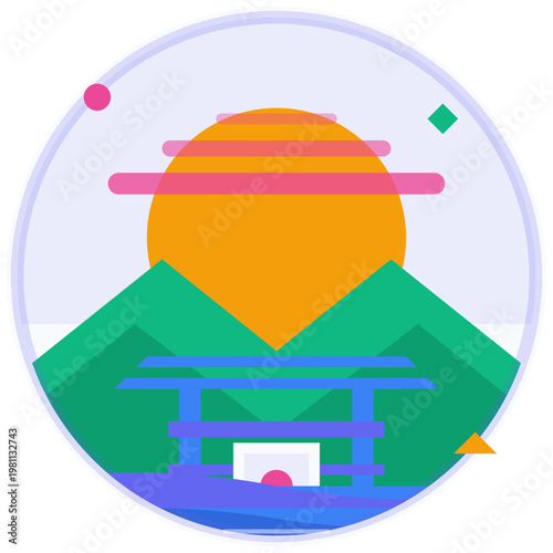 Vibrant circular badge featuring a stylized mountain landscape with a rising sun and traditional gate