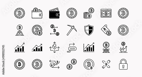 Bitcoin Cryptocurrency Icons Set, Digital Coin Wallet, Mining Pickaxe, Shield, and Graph Icons