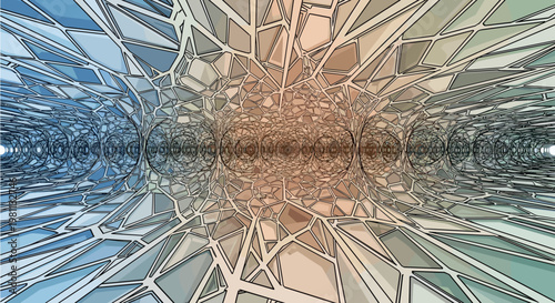 Immersive abstract tunnel background showcasing an infinite perspective of a geometric, crystalline structure, gracefully transitioning through a captivating blue to orange color gradient.