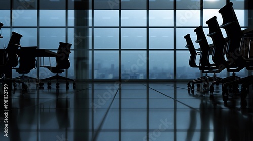 Empty boardroom overlooking a cityscape, chairs aligned, reflective surface, moody lighting