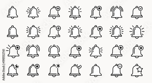 Bell notification icons set a collection of modern outline vector illustrations representing alerts, reminders, and messages on a white background