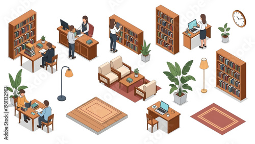 Isometric Library Reading Room Architectural Blueprint Human Activity Vector Set, Isolated Elements with Plant, Minimal Flat Style Illustration on White Background