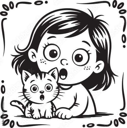 A charming black and white illustration depicts a young girl whispering to a surprised tabby cat framed by whimsical doodle like ornaments