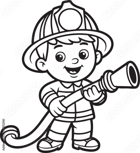 A cheerful cartoon illustration depicts a young boy dressed as a firefighter holding a hose and smiling brightly high quality professional detailed