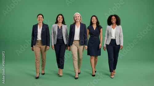 Diverse Women Business Team Walking Confidently Towards Camera on Green Background