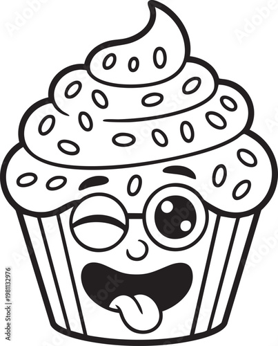 A whimsical cartoon illustration depicts a smiling cupcake with a face wearing glasses and sticking its tongue out playfully high quality professional