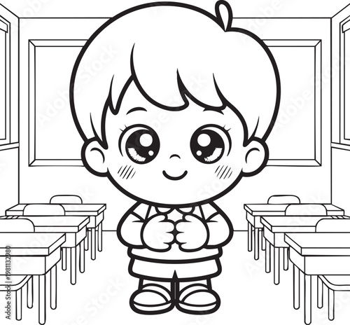 A charming cartoon illustration depicts a young smiling boy standing in a classroom with desks and a whiteboard high quality professional detailed
