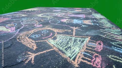 Children's chalk drawings on pavement, colorful, happy stick figures, outdoor fun