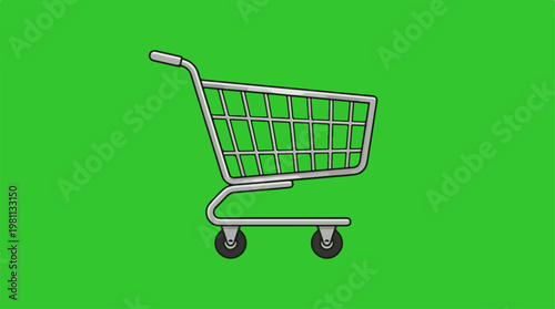 Shopping cart illustration on a vibrant green background, ready for use.