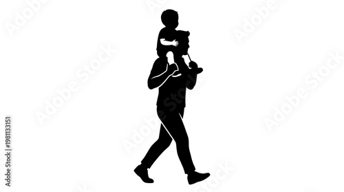 Black silhouette of a father walking and carrying a small child on his shoulders isolated on white background, parenting and family concept illustration
