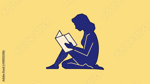 Silhouette of a woman engrossed in reading a book on the floor.