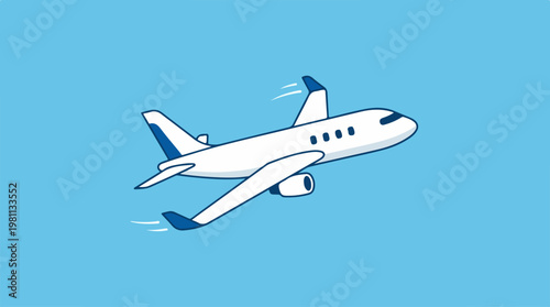 White airplane flying in the blue sky, transportation concept.