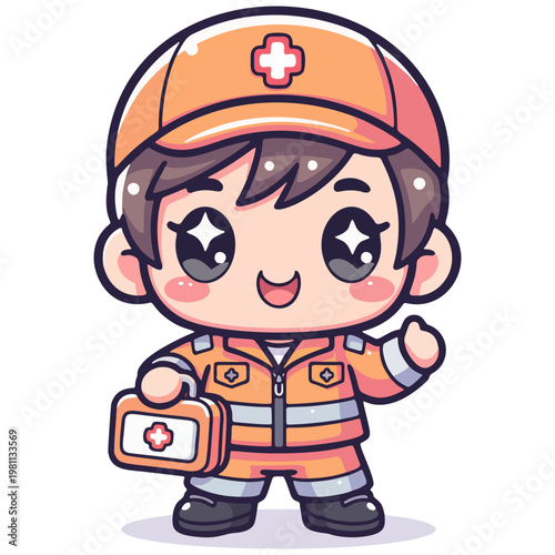Kawaii first responder character with smooth gradients and friendly expression, detailed vector illustration for emergency and rescue concepts.