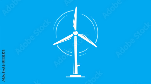 Wind turbine generating clean energy on a bright blue background.