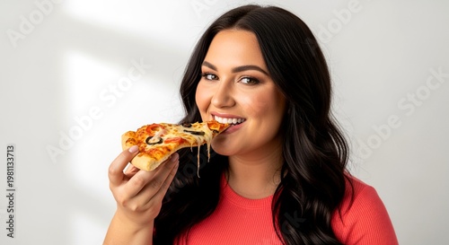 Smiling woman eating cheesy pizza slice enjoying food without guilt celebrating International No Diet Day concept of body positivity freedom and happiness