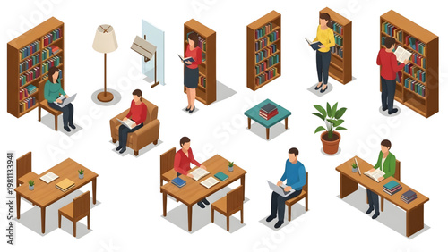 Isometric Library Reading Room Architectural Blueprint Human Activity Vector Set, Minimal Flat 3D Style Illustration, Isolated White Background