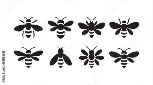 Minimal bee icons set with insect silhouettes and pollination symbols