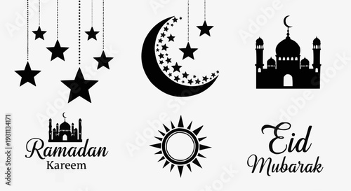 Islamic decorative icons set featuring hanging stars crescent moon mosque silhouettes and sun symbol for Ramadan Kareem Eid Mubarak black vector