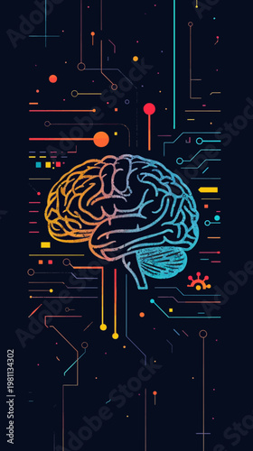 Conceptual digital brain illustration with circuitry and neural networks
