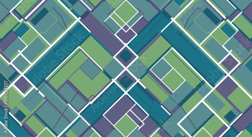 Modern geometric pattern composed of overlapping rectangles and rhombuses in a sophisticated palette of various greens, blues, and purples, creating a structured and intricate design.