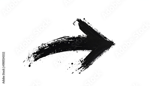 A bold, black brushstroke arrow graphic stands out against a stark white background, conveying a sense of direction and movement.