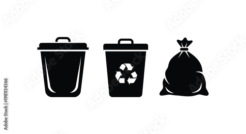 Three waste containers general waste recycling and trash bag silhouette