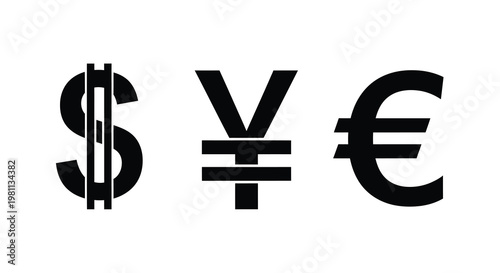 Currency symbols of the us dollar yen and euro in silhouette