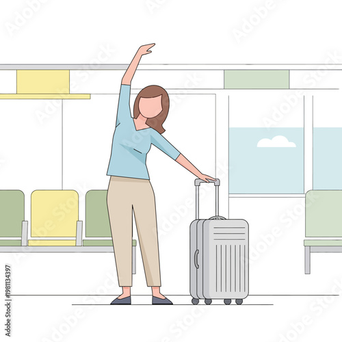 Woman stretching with suitcase in airport waiting area.