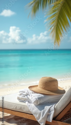 Beach chair with towels and sunhat waits by turquoise ocean. Palm leaves shadow calm seaside. Pure relaxation scene, tropical island vacation setting.