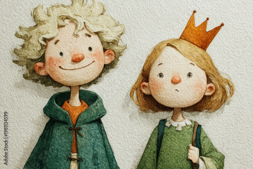 Cute Watercolor Illustration of Boy and Girl Characters with Crown